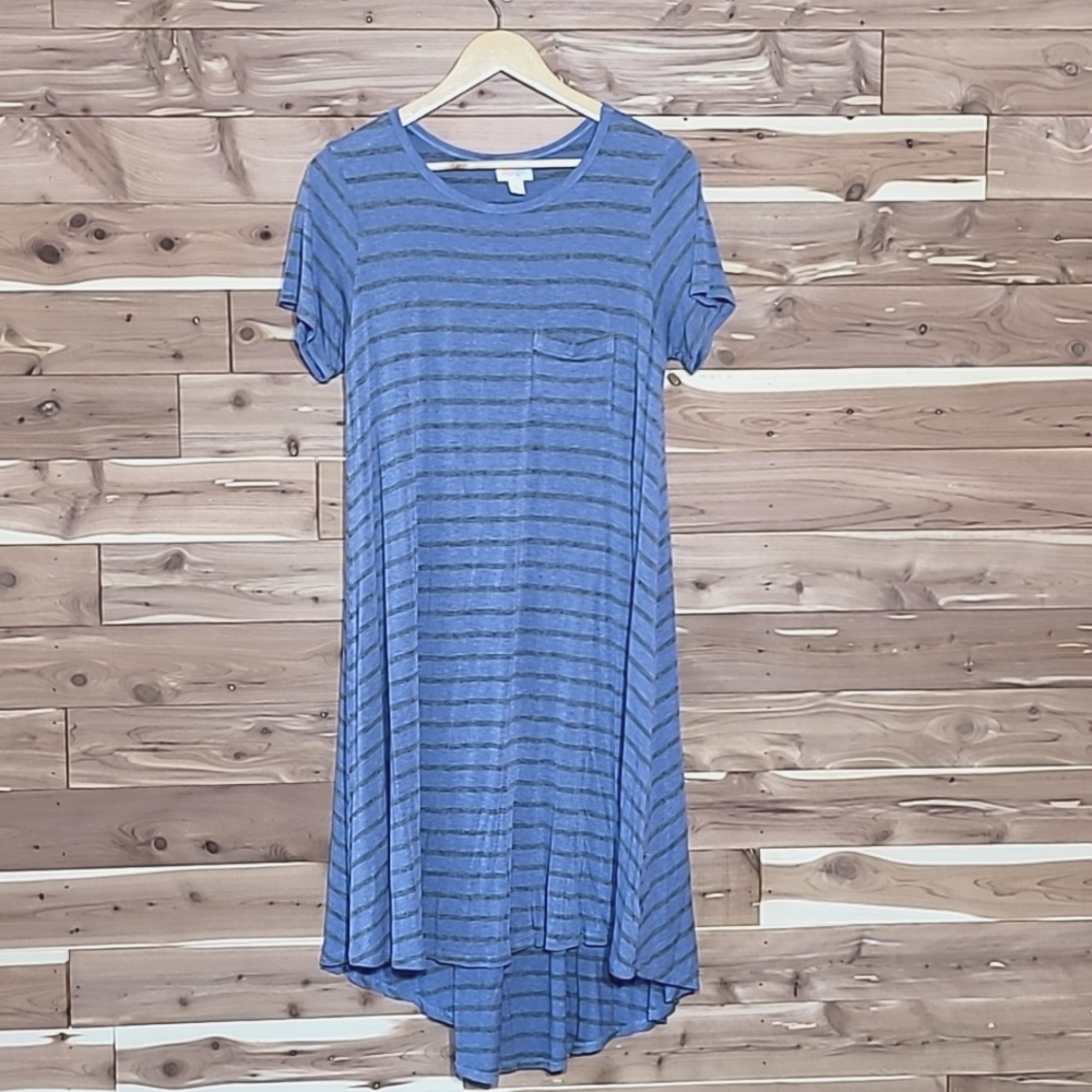 LuLaRoe Carly Dress, Size S, Heather Blue with Grey Horizontal Stripes